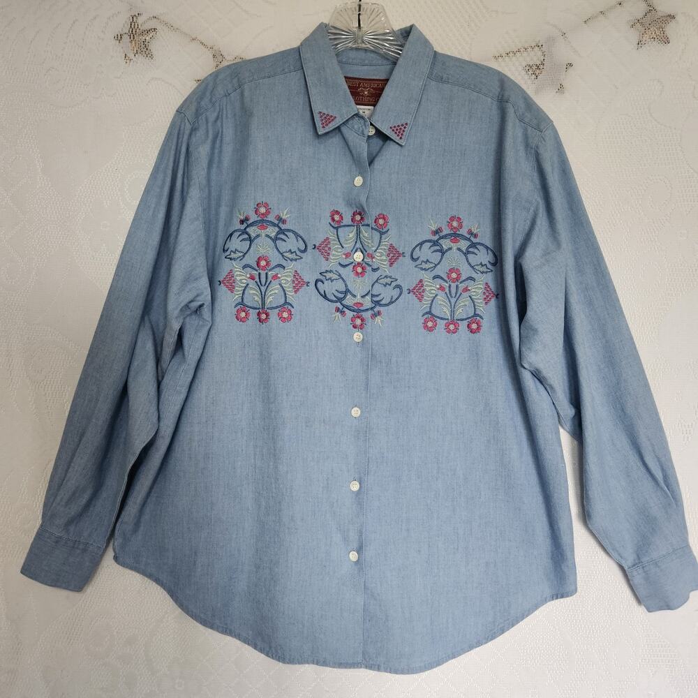 Best American Clothing Co. Medium Chambray Embroidered Floral Button Up Top Folk